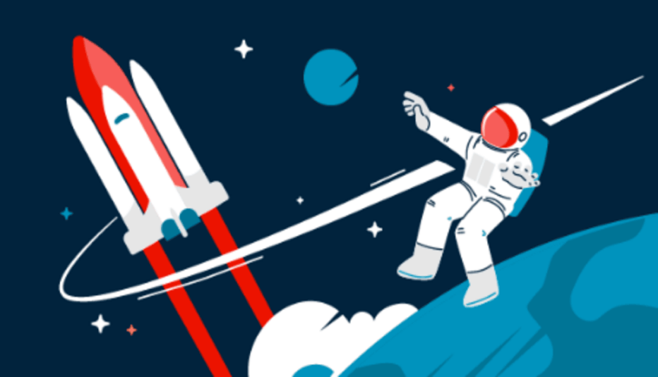 Animated image of a Astronaut in space with the space shuttle behind them
